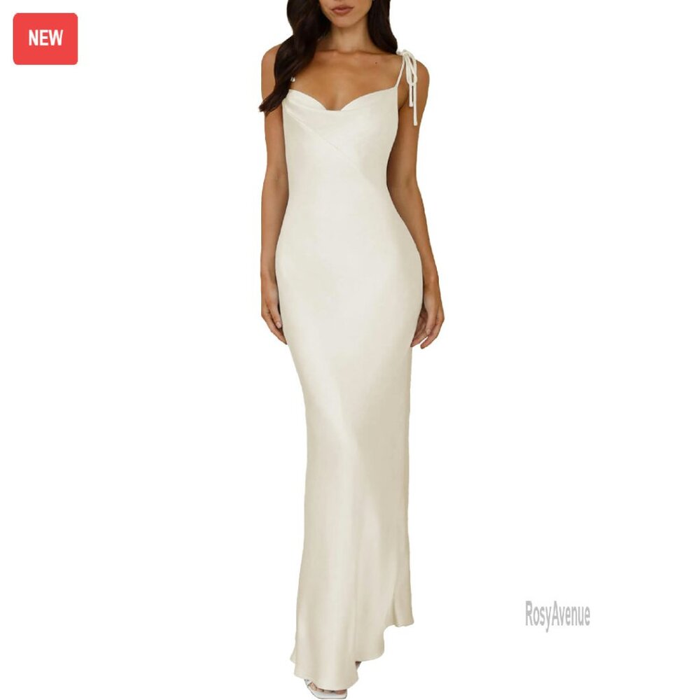 Satin Cowl Neck Maxi Dress Spaghetti Strap Formal Slit Wedding Guest
